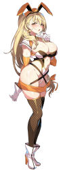 Rule 34 | 1girl, absurdres, animal ears, ankle boots, bell, blonde hair, boots, bow, breasts, brown eyes, clothing cutout, collar, commentary request, cropped jacket, earrings, fake animal ears, fishnet thighhighs, fishnets, full body, gloves, hair bow, hand up, hat, high heels, highleg, highleg leotard, highres, jacket, jewelry, jingle bell, kanade haruka, large breasts, leotard, lips, long hair, looking at viewer, low-tied long hair, mahou shoujo madoka magica, mahou shoujo madoka magica (anime), mahou shoujo suzune magica, mole, mole on thigh, navel, navel cutout, open clothes, open jacket, open mouth, rabbit ears, senri gan, shiny skin, short sleeves, simple background, solo, standing, stomach, sweat, sweatdrop, thighhighs, thighs, white background, white gloves