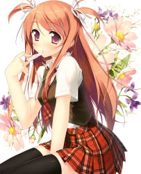 Rule 34 | 1girl, :o, absurdres, applying makeup, between legs, between thighs, black thighhighs, blush, cosmetics, floral background, flower, from side, hair ribbon, hand between legs, highres, kantoku, kurumi (kantoku), lipstick, lipstick tube, long hair, looking at viewer, makeup, necktie, original, parted lips, pink hair, plaid, plaid necktie, plaid neckwear, plaid skirt, pleated skirt, purple eyes, red necktie, red skirt, ribbon, short sleeves, sitting, skirt, solo, thighhighs, thighs, twintails, two side up, vest, white ribbon, wing collar, zettai ryouiki
