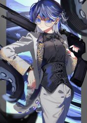 Rule 34 | 1girl, andreana (arknights), andreana (silent arrow) (arknights), arknights, black bow, black bowtie, black shirt, blue-tinted eyewear, blue eyes, blue hair, bow, bowtie, buttons, cowboy shot, earrings, gun, highres, jacket, jewelry, lapels, long sleeves, looking at viewer, medium hair, mokuro3m, open clothes, open jacket, over shoulder, pants, rifle, shirt, sniper rifle, solo, tinted eyewear, watch, weapon, weapon over shoulder, white jacket, white pants, wristwatch