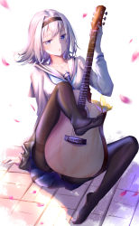 Rule 34 | 1girl, absurdres, amaroku neko, arm support, black pantyhose, black skirt, blue eyes, blue neckerchief, breasts, bug, butterfly, commentary request, feet, full body, guitar, hairband, highres, holding, holding instrument, insect, instrument, leg up, long sleeves, looking at viewer, medium breasts, medium hair, neckerchief, no shoes, pantyhose, petals, ryuuou no oshigoto!, sailor collar, school uniform, serafuku, shirt, sitting, skirt, soles, solo, sora ginko, triangle mouth, white hair, white sailor collar, white shirt, yellow butterfly