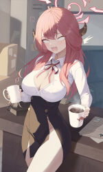 Rule 34 | 1girl, absurdres, antique phone, aru (blue archive), bare legs, black skirt, blank eyes, blue archive, blush, breasts, cleavage, coffee, cup, demon horns, doodle sensei (blue archive), halo, high-waist skirt, highres, holding, holding cup, horns, indoors, jixo (user nzhc8728), large breasts, locker, long sleeves, looking at viewer, mug, neck ribbon, pink hair, popped button, ribbon, sensei (blue archive), shirt, skirt, smile, solo, steam, surprised, wardrobe malfunction, white shirt
