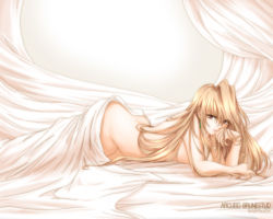 Rule 34 | 00s, 1girl, akatsuki akane, arcueid brunestud, bed, blonde hair, breasts, covering privates, earrings, jewelry, long hair, lying, nail polish, nude, nude cover, on stomach, red eyes, solo, tsukihime, wallpaper