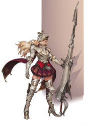 Rule 34 | 1girl, absurdres, armor, armored boots, blonde hair, boots, breastplate, commentary request, gauntlets, gunlance, helmet, high heel boots, high heels, highres, instant ip, lance, long hair, original, plate armor, polearm, red skirt, shoulder armor, skirt, solo, standing, thigh boots, thighhighs, two-tone background, weapon, yellow eyes