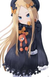 Rule 34 | 1girl, abigail williams (fate), absurdres, aftamc, black bow, black hat, blonde hair, bloomers, blue eyes, blush, bow, breasts, closed mouth, dress, fate/grand order, fate (series), forehead, hair bow, hat, highres, long hair, long sleeves, looking at viewer, multiple hair bows, orange bow, parted bangs, ribbed dress, simple background, sleeves past fingers, sleeves past wrists, small breasts, smile, stuffed animal, stuffed toy, teddy bear, underwear, white background, white bloomers