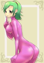 Rule 34 | 1girl, absurdres, ass, bodysuit, breasts, camelot, catsuit, covered erect nipples, golden sun, green hair, hairband, highres, karis (golden sun), latex, latex suit, looking back, pink theme, ponytail, rubber, shiny clothes, simple background, skin tight