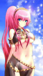 Rule 34 | 1girl, adapted costume, alternate hairstyle, armband, arms behind back, bare shoulders, belt, black skirt, blue eyes, breasts, brooch, cleavage, cleavage cutout, clothing cutout, crop top, female focus, gem, hairband, jewelry, large breasts, long hair, long skirt, looking at viewer, megurine luka, midriff, multiple belts, navel, pink hair, ponytail, revealing clothes, blue gemstone, serious, side slit, skirt, sleeveless, solo, standing, tomozo s, underboob, very long hair, vocaloid
