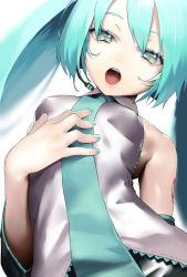 Rule 34 | 1girl, aqua eyes, aqua hair, aqua nails, aqua necktie, bad id, bad pixiv id, bare shoulders, black skirt, black sleeves, breasts, commentary, detached sleeves, frilled shirt, frills, from below, grey shirt, half-closed eyes, hand on own chest, hatsune miku, headphones, headset, highres, leaning to the side, lips, long hair, looking at viewer, nail polish, necktie, open mouth, rsk (tbhono), shiny clothes, shirt, shoulder tattoo, skindentation, skirt, sleeveless, sleeveless shirt, slit pupils, small breasts, solo, tattoo, twintails, upper body, vocaloid, white background