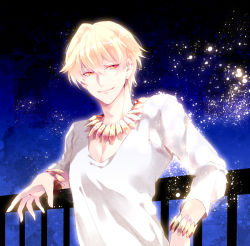 Rule 34 | 1boy, bad id, bad pixiv id, blonde hair, fate/zero, fate (series), gilgamesh (fate), jewelry, lots of jewelry, male focus, necklace, official alternate costume, railing, red eyes, solo, wingtemple