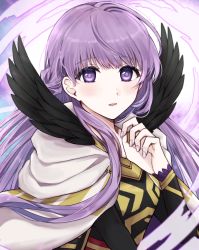 Rule 34 | 1girl, aura, black feathers, blush, cape, dress, feather trim, feathers, fire emblem, fire emblem: the binding blade, fire emblem heroes, highres, long hair, long sleeves, looking at viewer, misato hao, nail polish, nintendo, official alternate costume, open mouth, purple eyes, purple hair, purple nails, simple background, solo, sophia (fire emblem), upper body, very long hair