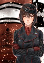 Rule 34 | 1girl, black hat, black jacket, brown eyes, brown gloves, brown hair, closed mouth, commentary request, dress shirt, emblem, garrison cap, girls und panzer, gloves, hat, highres, insignia, jacket, kuromorimine (emblem), kuromorimine military uniform, long sleeves, looking at viewer, military, military hat, military uniform, military vehicle, motor vehicle, nishizumi maho, partial commentary, red shirt, shirt, short hair, snowing, solo, tank, tiger i, tigern (tigern28502735), tilted headwear, uniform, upper body, wing collar