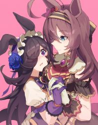 Rule 34 | 2girls, ahoge, animal ears, artist name, blue eyes, blue flower, blue rose, blush, blush visible through hair, breasts, brooch, brown dress, brown hair, closed mouth, coccix, dress, eye contact, flower, frilled hairband, frills, gloves, hair ornament, hair over one eye, hairband, highres, holding hands, horse ears, ascot, jewelry, large breasts, long hair, looking at another, mihono bourbon (code:glassage) (umamusume), mihono bourbon (umamusume), multiple girls, open mouth, pink background, purple eyes, purple gloves, rice shower (make up vampire!) (umamusume), rice shower (umamusume), rose, shirt, short sleeves, simple background, smile, sweatdrop, umamusume, upper body, wavy mouth, white gloves, white shirt