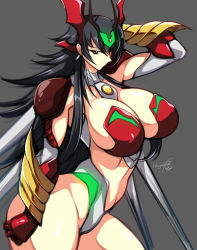 Rule 34 | 1girl, absurdres, black hair, bodysuit, breasts, cleavage, covered erect nipples, curvy, getter arc, getter robo, getter robo arc, glowing, haganef, hand on own head, head wings, highres, huge breasts, humanization, impossible bodysuit, impossible clothes, large breasts, long hair, mecha, mecha musume, navel, personification, revealing clothes, robot, solo, super robot, thighhighs, very long hair, wings, yellow eyes