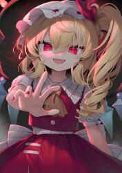 Rule 34 | 1girl, ascot, blonde hair, collared shirt, crystal, dated, fangs, fingernails, flandre scarlet, frilled shirt collar, frills, gunjou row, hair between eyes, hat, highres, long hair, mob cap, nail polish, one side up, open mouth, puffy short sleeves, puffy sleeves, red eyes, red nails, red skirt, red vest, shirt, short sleeves, signature, skirt, smile, solo, touhou, twitter username, vest, white hat, white shirt, wings, yellow ascot