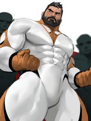 Rule 34 | 3boys, bald, bara, beard, bodysuit, bulge, covered abs, dopey (dopq), faceless, faceless male, facial hair, from below, highres, large pectorals, male focus, mature male, multiple boys, muscular, muscular male, orc, original, paid reward available, pectorals, short hair, solo focus, stomach, superhero costume, thick eyebrows, thick thighs, thighs, white bodysuit