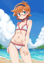 Rule 34 | 1girl, alternate costume, beach, bikini, blue eyes, blue hairband, blue sky, breasts, cloud, day, domdom, glasses, hairband, little witch academia, lotte jansson, making-of available, navel, ocean, orange hair, outdoors, sand, short hair, sky, small breasts, solo, swimsuit, water, white bikini