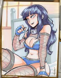 Rule 34 | 1girl, :d, bare shoulders, black hair, black nails, blue gloves, blunt bangs, breasts, chris metzner, cleavage, elbow gloves, fingerless gloves, fishnet gloves, fishnet thighhighs, fishnets, gloves, headband around neck, highres, hyuuga hinata, long hair, midriff, nail polish, naruto, naruto (series), navel, open mouth, sitting, smile, solo, teeth, thighhighs, white eyes