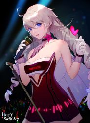 Rule 34 | 1girl, absurdres, antenna hair, bare shoulders, black background, black dress, blue eyes, breasts, cleavage, daylightallure, dress, drill hair, gloves, hair between eyes, heart, highres, holding, honkai (series), honkai impact 3rd, kiana kaslana, kiana kaslana (valkyrie ranger), lipstick, long hair, looking at viewer, makeup, microphone, smile, teeth, twin drills, white gloves, white hair