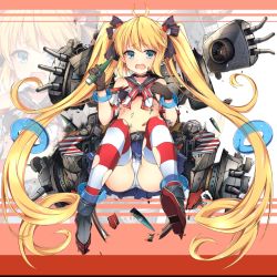 Rule 34 | 1girl, andrea doria (warship girls r), bandaid, bandaid on face, blonde hair, damaged, gloves, jianren, long hair, official art, open mouth, panties, pantyshot, remodel (warship girls r), school uniform, serafuku, solo, striped clothes, striped thighhighs, thighhighs, torn clothes, twintails, underwear, very long hair, warship girls r, white panties