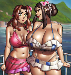 Rule 34 | 2girls, aerith gainsborough, bikini, black hair, breast envy, breasts, brown hair, cleavage, female focus, final fantasy vii rebirth, final fantasy vii remake, flower, green eyes, hair flower, hair intakes, hair ornament, huge breasts, large breasts, lips, looking at another, looking at breasts, multiple girls, navel, official alternate costume, official alternate hairstyle, ph draw, pink bikini, red eyes, red lips, side-tie bikini bottom, smile, stomach, strap gap, swimsuit, tifa lockhart