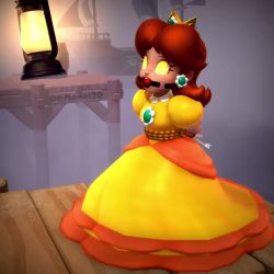Rule 34 | 1girl, animated, arms behind back, ball gag, bdsm, bondage, bound, bound wrists, breasts, brown hair, crown, earrings, flower earrings, gag, gagged, hypnosis, jewelry, mario (series), mind control, nintendo, onmodel3d, princess daisy, saliva, super mario land, video