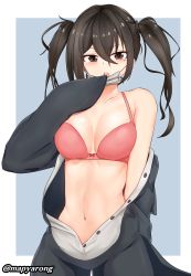 Rule 34 | 1girl, absurdres, bare shoulders, black hair, blush, bra, breasts, breasts apart, brown eyes, collarbone, commentary request, cowboy shot, hair between eyes, hand up, highres, idolmaster, idolmaster cinderella girls, korean commentary, legs apart, long hair, looking at viewer, mapyarong, mask, medium breasts, mole, mole under eye, mouth mask, navel, open mouth, pink bra, sharp teeth, sleeves past fingers, sleeves past wrists, solo, standing, stomach, sunazuka akira, surgical mask, teeth, twintails, twitter username, underwear