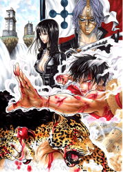 Rule 34 | 1girl, 3boys, absurdres, battle, black hair, blood, blue eyes, breasts, claws, cleavage, enies lobby, fighting, fighting stance, flag, funkfreed, gloves, hat, highres, island, large breasts, leopard, long hair, manly, mask, monkey d. luffy, monster boy, multiple boys, muscular, nico robin, ocean, one piece, purple hair, rob lucci, rubber, scar, smoke, spandam, straw hat, sword, takumi (marlboro), vest, water, waterfall, weapon, yellow eyes