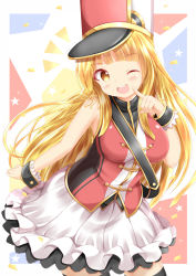 Rule 34 | 1girl, ;d, bang dream!, bare shoulders, black thighhighs, blonde hair, blush, brown eyes, commentary request, confetti, epaulettes, hat, head tilt, highres, leaning forward, long hair, one eye closed, open mouth, pleated skirt, red shirt, round teeth, shako cap, shirt, skirt, sleeveless, sleeveless shirt, smile, solo, sparkle, star (symbol), teeth, thighhighs, tsurumaki kokoro, upper teeth only, very long hair, white hat, white skirt, wrist cuffs, xenon (for achieve)