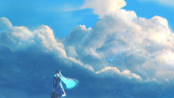 Rule 34 | 1girl, ahoge, bag, blue hair, blue jacket, blue skirt, blue sky, closed mouth, cloud, colored inner hair, floating hair, glowing, glowing hair, highres, holding, holding bag, jacket, light particles, long hair, long sleeves, looking at viewer, multicolored hair, original, pleated skirt, sakimori (hououbds), scenery, skirt, sky, solo, standing
