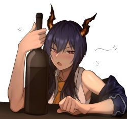 Rule 34 | 1girl, arknights, bad id, bad pixiv id, bare shoulders, blue hair, blush, bottle, cero (last2stage), ch&#039;en (arknights), dragon horns, drunk, highres, horns, long hair, looking at viewer, necktie, off shoulder, open mouth, red eyes, simple background, solo, squeans, white background