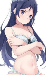Rule 34 | 1girl, aragaki ayase, bare arms, black bow, black hair, blue bra, blue eyes, blue panties, bow, bow bra, bra, breasts, cleavage, closed mouth, collarbone, covering privates, covering one breast, crossed arms, frown, groin, highres, hiroki (yyqw7151), lingerie, long hair, navel, ore no imouto ga konna ni kawaii wake ga nai, panties, parted bangs, simple background, small breasts, solo, straight hair, underwear, underwear only, v-shaped eyebrows, very long hair, white background