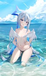 Rule 34 | 1girl, amane kanata, bikini, bikini bottom only, black bikini, blue eyes, blue hair, blue sky, blush, cloud, colored inner hair, convenient censoring, day, halo, highres, hololive, long hair, multicolored hair, navel, nel dcm, ocean, outdoors, parted lips, sky, solo, star halo, stomach, swimsuit, topless, very long hair, virtual youtuber, water, white hair, wing censor, wings
