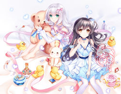 Rule 34 | 2girls, barefoot, black hair, blue bow, blush, bow, breasts, brown eyes, character request, cleavage, closed mouth, copyright request, green eyes, hair bow, heart, holding, holding stuffed toy, large breasts, long hair, looking at viewer, multiple girls, parted lips, pink bow, rubber duck, silver hair, smile, stuffed animal, stuffed toy, teddy bear, ying yue