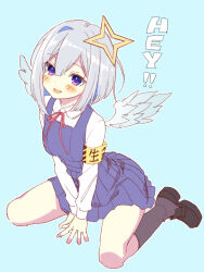 1girl :d alternate_costume amane_kanata angel_wings armband black_footwear blue_background blue_hair blush breasts colored_inner_hair commentary dress full_body grey_hair grey_socks halo highres hololive ishida_aya loafers long_sleeves looking_at_viewer mixed-language_commentary multicolored_hair neck_ribbon open_mouth pinafore_dress purple_eyes red_ribbon ribbon school_uniform shoes short_hair simple_background sitting sleeveless sleeveless_dress small_breasts smile socks solo star_halo virtual_youtuber wariza wings