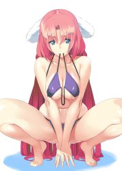 Rule 34 | 1girl, animal ears, bare shoulders, barefoot, bikini, bikini in mouth, blue eyes, character request, clothes in mouth, collarbone, long hair, looking at viewer, mouth hold, navel, pink hair, purple bikini, ryuuta (msxtr), sengoku bushouki muramasa, simple background, solo, squatting, swimsuit, v arms, very long hair, white background