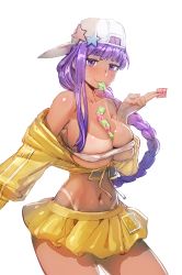 Rule 34 | 1girl, backwards hat, baseball cap, bb (fate), bb (fate) (all), bb (swimsuit mooncancer) (fate), bb (swimsuit mooncancer) (first ascension) (fate), between breasts, between fingers, bikini tan, blush, bow (bhp), braid, breasts, cleavage, condom, condom in mouth, condom packet strip, condom wrapper, dark-skinned female, dark skin, fate/grand order, fate (series), front-tie top, hat, hat ornament, holding, jacket, large breasts, long hair, looking at viewer, miniskirt, mouth hold, navel, off shoulder, purple eyes, purple hair, single braid, skindentation, skirt, solo, star (symbol), star hat ornament, stomach, sweatdrop, tan, tanline, underboob, white background, yellow jacket, yellow skirt