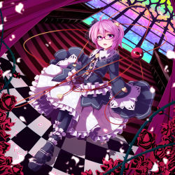 Rule 34 | 1girl, ankle cuffs, bespectacled, black pantyhose, checkered floor, curtains, dress, female focus, floor, flower, glasses, hairband, heart, komeiji satori, nikka (cryptomeria), open mouth, pantyhose, petals, pink eyes, pink hair, sleeves past wrists, solo, stairs, third eye, touhou, wind