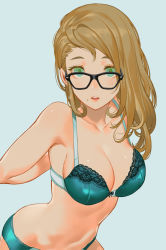 Rule 34 | 1girl, arms behind back, bare shoulders, blue bra, blue panties, blush, bra, breasts, brown hair, cleavage, collarbone, commentary, glasses, green eyes, lace, lace-trimmed bra, lace-trimmed panties, lace trim, lingerie, long hair, looking at viewer, mole, mole under mouth, navel, open mouth, original, panties, salmon88, solo, underwear, underwear only