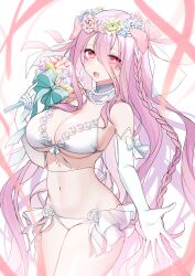Rule 34 | 1girl, absurdres, bare shoulders, bikini, bouquet, braid, breasts, cleavage, commission, cowboy shot, date a live, elbow gloves, flower, gloves, hair between eyes, hair flower, hair ornament, highres, jewelry, large breasts, long bangs, long hair, looking at viewer, manya drhr, navel, necklace, pearl necklace, pink eyes, pink hair, pixiv commission, reaching, reaching towards viewer, side braid, simple background, smile, solo, sonogami rinne, swimsuit, white gloves