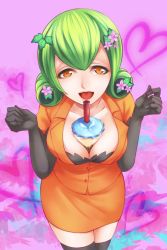 Rule 34 | 1girl, artist request, between breasts, black gloves, black shirt, breast press, breasts, cleavage, digimon, digimon story: cyber sleuth, digimon story: cyber sleuth hacker&#039;s memory, elbow gloves, floral print, formal, gloves, green hair, hair ornament, heart, jacket, kishibe rie, large breasts, lips, looking at viewer, object on breast, open mouth, orange eyes, pencil skirt, pink background, puffy sleeves, shirt, skirt, skirt suit, smile, solo, suit, thick thighs, thighhighs, thighs, yellow eyes, yellow skirt