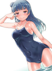 Rule 34 | 1girl, bare arms, bare shoulders, blue hair, blue one-piece swimsuit, blunt bangs, blush, breasts, cleavage, closed mouth, collarbone, competition school swimsuit, contrapposto, covered navel, cowboy shot, curvy, fingernails, gonta (gshoutai), groin, hair bun, highres, long hair, looking at viewer, love live!, love live! sunshine!!, medium breasts, narrow waist, one-piece swimsuit, partially submerged, red eyes, ribs, school swimsuit, side bun, single side bun, skin tight, skindentation, smile, smirk, solo, spaghetti strap, swimsuit, taut clothes, taut swimsuit, tsurime, tsushima yoshiko, v-shaped eyebrows, w, w over eye, wading, water, wet, wet clothes, wet hair, white background, wide hips