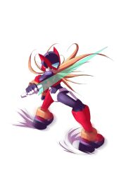 Rule 34 | 1boy, armor, black eyes, energy sword, floating hair, forehead jewel, full body, hashtag-only commentary, helmet, hi-go!, highres, holding, holding sword, holding weapon, male focus, mega man (series), mega man zero (series), red armor, red helmet, simple background, solo, standing, sword, teeth, weapon, white background, z saber, zero(z) (mega man), zero (mega man)