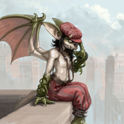 1girl animal_ears bat_ears bat_wings belt black_hair brick brown_belt cabbie_hat city cityscape claws cloud cloudy_sky colored_skin deadlock demon_wings fangs feet_out_of_frame flat_chest gargoyle grey_skin hat highres horns ivy ivy_(deadlock) kujalla loose_pants medium_hair monster moss no_nipples nose_piercing nose_ring outdoors pants piercing pointy_ears red_hat red_pants red_wings sitting sky solo striped_clothes striped_pants suspenders tail topless_female tusks vertical-striped_clothes vertical-striped_pants wings yellow_eyes