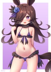 Rule 34 | 1girl, animal ears, bikini, blue flower, blue rose, breasts, brown hair, commentary request, covered erect nipples, flower, fur collar, gradient background, hair flower, hair ornament, hair over one eye, hair ribbon, heart, heart-shaped pupils, highres, horse ears, horse girl, horse tail, long hair, looking at viewer, musouzuki, navel, open mouth, purple background, purple bikini, purple eyes, purple ribbon, ribbon, rice shower (umamusume), rose, signature, small breasts, smile, solo, standing, swimsuit, symbol-shaped pupils, tail, two-tone background, umamusume, white background