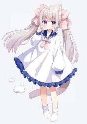 Rule 34 | 1girl, :o, animal ears, blue sailor collar, blush, bobby socks, bow, brown hair, cat ears, commentary request, diagonal stripes, dress, frilled dress, frills, full body, grey background, hair between eyes, hair bow, hand up, highres, long hair, long sleeves, looking at viewer, nakkar, no shoes, original, parted lips, pink bow, puffy long sleeves, puffy sleeves, purple eyes, sailor collar, sailor dress, sleeves past wrists, socks, solo, standing, striped, striped background, twintails, very long hair, white dress, white socks