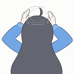 Rule 34 | 1girl, ahoge, animated, animated gif, arms up, black hair, blinking, blue archive, blue shirt, blush, blush stickers, chibi, closed eyes, commentary, embarrassed, from behind, green neckerchief, grey halo, halo, leaf, leaf on head, long hair, long sleeves, looking at viewer, miyu (blue archive), neckerchief, no headgear, open mouth, pink pupils, profile, rabbit pose, raised eyebrows, red eyes, sailor collar, shirt, solo, umihio, upper body, white sailor collar