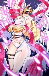 Rule 34 | 1girl, angel wings, angewomon, asymmetrical clothes, belt, blonde hair, bodysuit, breasts, cleavage, clothing cutout, commentary, covered eyes, cowboy shot, digimon, digimon (creature), digimon adventure, elbow gloves, english commentary, feathered wings, gloves, hagoromo, head wings, helmet, highres, kenron toqueen, large breasts, long hair, multiple belts, multiple wings, navel, navel cutout, petals, shawl, single elbow glove, single pantsleg, skin tight, smile, solo, thick thighs, thigh strap, thighs, white bodysuit, white gloves, white wings, wings, wrist wings