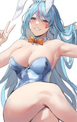 Rule 34 | absurdres, animal ears, armpit crease, armpits, azura cecillia, blue eyes, blue hair, blush, braid, breasts, cleavage, commentary, crossed legs, dobure18, english commentary, facial mark, fake animal ears, hand in own hair, highres, large breasts, leotard, long hair, looking at viewer, multicolored hair, nijisanji, nijisanji id, pink hair, playboy bunny, rabbit ears, smile, streaked hair, thighs, v, very long hair, virtual youtuber
