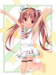 Rule 34 | 1girl, :d, armpits, barefoot, blush, brown eyes, brown hair, commentary request, diagonal stripes, dress, full body, hair between eyes, highres, kantai collection, kushida you, libeccio (kancolle), long hair, looking at viewer, open mouth, outstretched arms, sailor collar, sailor dress, sleeveless, sleeveless dress, smile, solo, star (symbol), striped neckwear, twintails, very long hair, white dress, white sailor collar