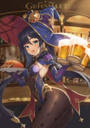 Rule 34 | 1girl, absurdres, alcohol, ass, black hair, blue eyes, breasts, coin, cowboy shot, cup, detached sleeves, earrings, elbow gloves, food, genshin impact, gloves, gold, hair between eyes, hat, highres, holding, holding cup, holding food, holding plate, indoors, jewelry, leotard, lipton (user nfaw4242), looking at viewer, medium breasts, mona (genshin impact), mug, open mouth, plate, solo, sweat, tongue, twintails, witch hat