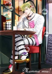 Rule 34 | 1boy, bad id, bad pixiv id, blonde hair, bow, bowtie, bubble, caesar anthonio zeppeli, cafe, chair, coffee mug, collarbone, crossed legs, cup, drawing (object), earrings, facial mark, full body, green eyes, hair ornament, head rest, highres, indoors, jacket, jewelry, jojo no kimyou na bouken, long sleeves, looking at viewer, male focus, menu board, mitarashi (mimi88884), mug, octagram, open clothes, open jacket, pants, perspective, shirt, sitting, solo, spiked hair, striped clothes, striped pants, striped shirt, stud earrings, table, tile floor, tiles, watch, white jacket, window, wristwatch